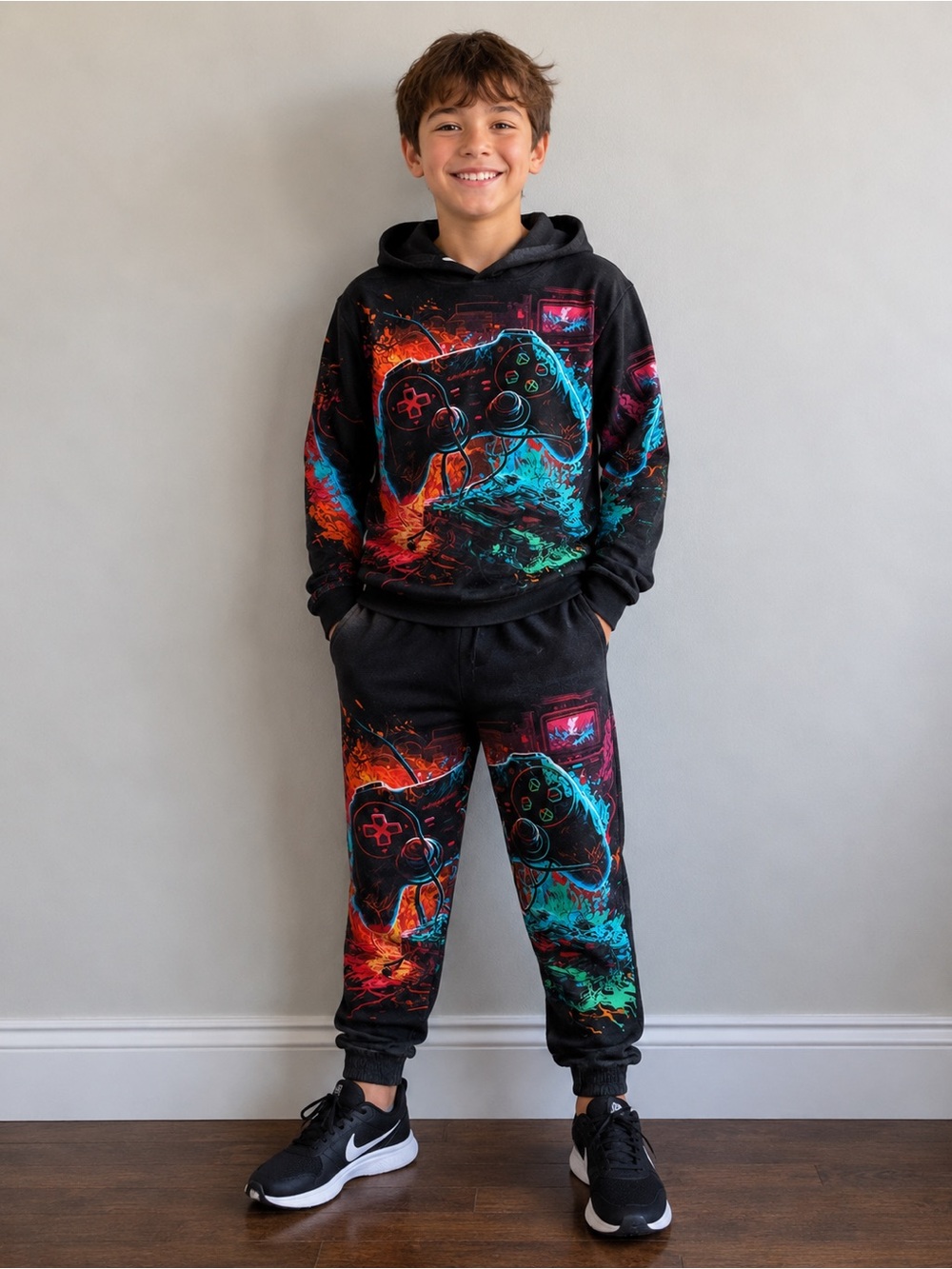 Boys Black Gaming Controller Hoodie & Jogger Set - Neon Red/Blue/Teal